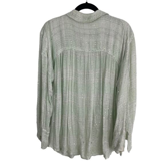 Free People Tunic Top Gauzy Breezy Light Green Silver Sequins Oversized S - Picture 2 of 8